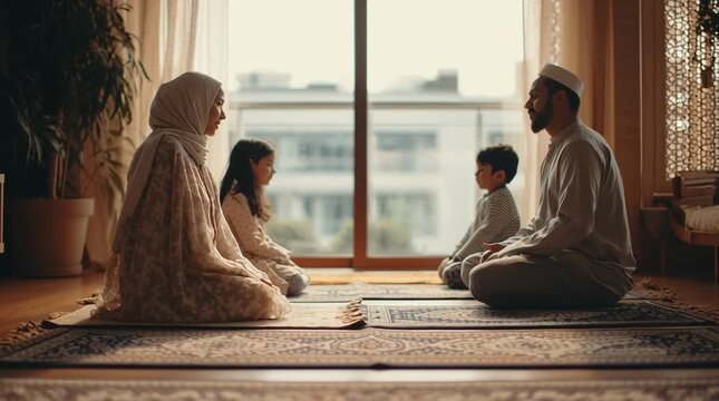 Muslim parents teaching their children to pray together at home, showing devotion, love, and the peaceful beauty of Islamic family faith.