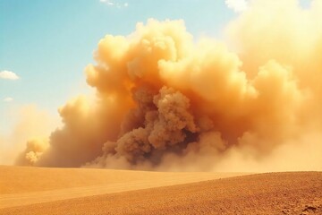 Powerful Windstorm Creates Massive Dust Devil, Obscuring Landscape in Dramatic Swirling Haze.  Brown Earth, Textured Movement, Striking Sky Contrast.  Nature Phenomenon.