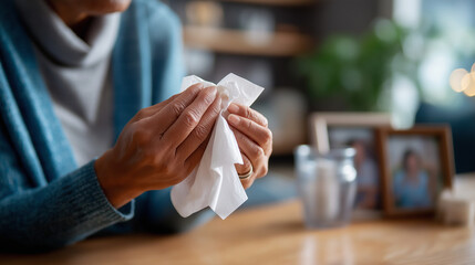 Hands holding sympathy cards and tissues in grief group memorial photos visible faces defocused bereavement support mental health grief counseling prayer for healing loss wit