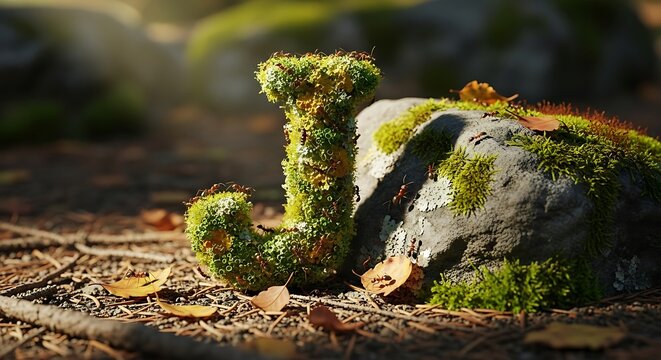 Moss-Covered Letter J and Rock in Forest Sunlight.
