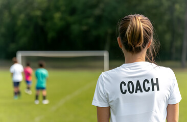 Naklejka premium Focused female coach, wearing a white shirt with the word 