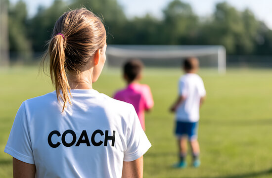 Dedicated coach oversees practice, guiding young athletes towards growth. Focusing on skill development and teamwork on a sunny day at the field with the goal in the distance. - Powered by Adobe
