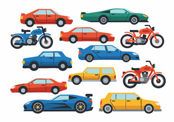 Naklejka premium A vibrant collection of diverse cartoon-style cars and motorcycles, showcasing various vehicle types in a flat design illustration, perfect for transport and automotive themes
