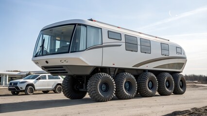 Military truck driving on road and beach with vehicles and camping scene