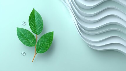 Green leaves and water droplets near wavy abstract background.