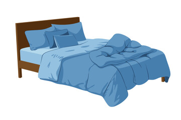 Inviting blue bed with a classic wooden frame, perfectly designed for creating a comfortable sleep sanctuary and ensuring serene relaxation in any modern bedroom