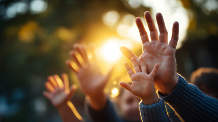 Multiple parents' hands reaching for parenting resources support materials scattered faces obscured family mental health ministry Christian parenting group with copy space
