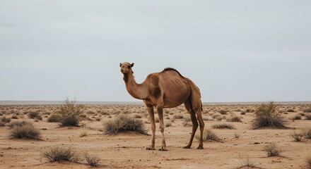 Lone Dromedary Camel Standing in Arid Desert Landscape Under Overcast Sky