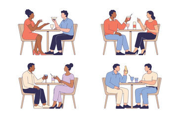 A collection of modern flat vector illustrations depicting diverse couples on dates, enjoying drinks and engaging in conversation at a table