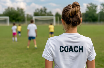 A female sports coach watches her team practice on a sunny day. She is wearing a white shirt that says "COACH" in bold letters. The team is practicing on a grass field.