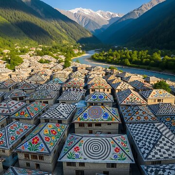 Colorful Rooftops of Chitkul Village Nestled in the Himalayan Valley with River and Mountains.