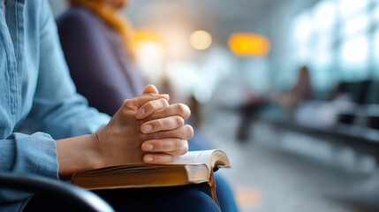 Hands holding prayer book in hospital waiting room anxiety support faces defocused mental health crisis faith medical emergency prayer family waiting area with copy space
