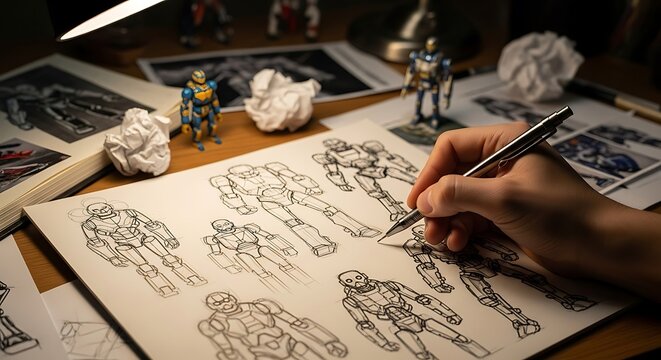 Character design concept art of futuristic robots with pen in hand