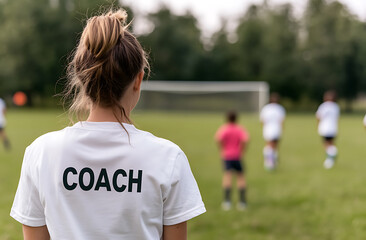 Female coach observes her team during practice on a soccer field. Her white shirt says "COACH" in bold black letters. She's focused on the game, with a serious expression.