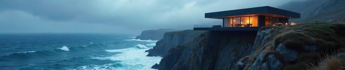 Dramatic Modern Cliffside House with Vast Ocean Views Imposing Architecture, Stormy Seascape