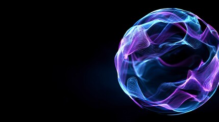 Abstract blue and purple sphere with dynamic energy waves swirling on black backdrop, perfect for futuristic designs, technology concepts, and visual effects
