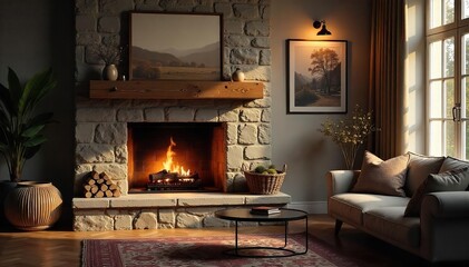 Cozy Fireplace Glow in Comfortable Living Room Serene Relaxation and Warm Ambiance