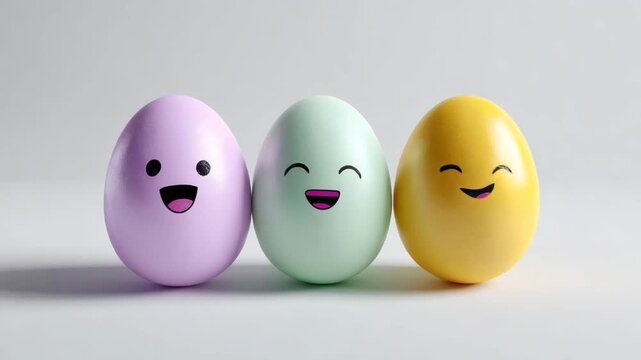 Colorful Easter eggs with cute smiling faces on white background
