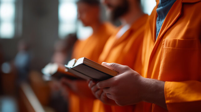 Inmates' hands holding Bibles in prison chapel orange jumpsuits visible faces not shown correctional mental health faith rehabilitation prison worship service with copy space