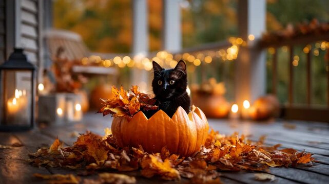 Cute black kitten sitting inside carved pumpkin surrounded by autumn leaves
