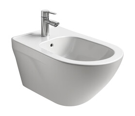 Fototapeta premium Sleek wall-mounted bidet in ceramic, perfect for contemporary apartment bathrooms.
