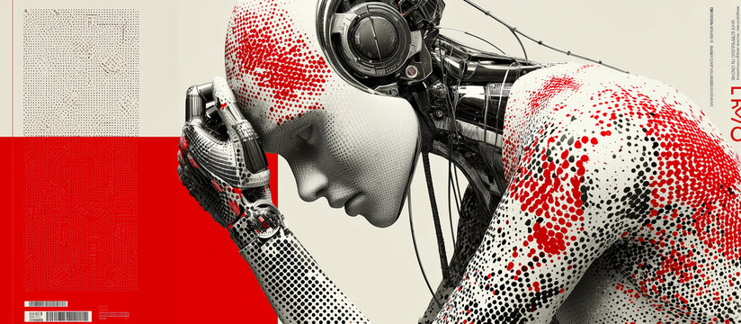 Futuristic android cyberpunk halftone pattern red accents grayscale metallic headset wires contemplative profile view evoke moody sci fi vibe with sleek robotic figure posed thought, blending art