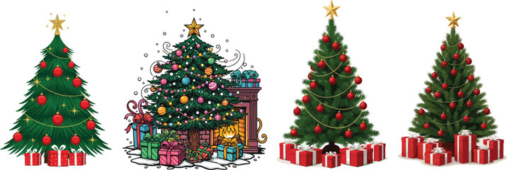 Christmas Tree Vector Collection: Set of Decorated Trees with Gifts, Ornaments, and Gold Star Toppers.