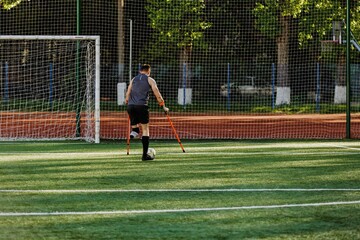 A male player is about to kick the ball into the goal while leaning on crutches