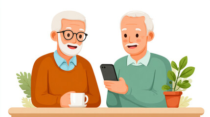 Older man teaching smartphone settings to friend in cozy indoors scene