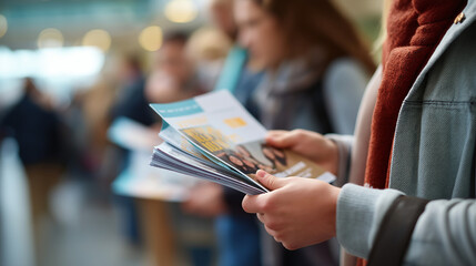 Hands holding campus ministry flyers and event info student outreach faces obscured college mental health awareness faith based student services university setting with copy