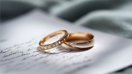 Gold wedding bands with diamonds on handwritten letter, close up on soft fabric, romantic still life