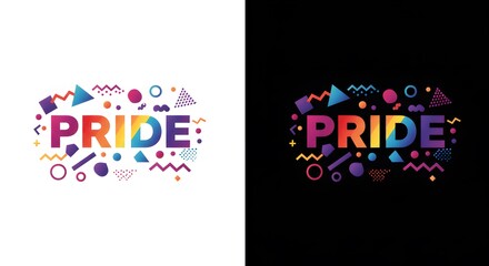 Pride Rainbow Text Surrounded by Colorful Geometric Shapes and Patterns on White and Black