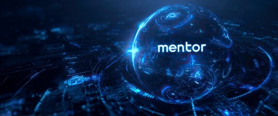 Fototapeta premium Dynamic abstract digital sphere embodies AI mentorship and innovation, showcasing guidance and future technology with glowing connections and integrated icons for a modern, professional aesthetic.