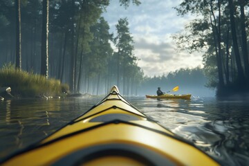 Kayaking on a serene lake surrounded by lush trees during early morning light