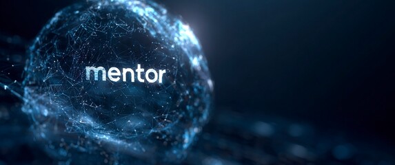 Dynamic abstract digital sphere with mentor text and AI icons, representing futuristic innovation and intelligent guidance for cutting edge technology and business solutions