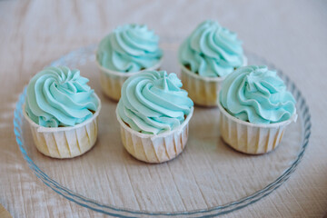 Close-up of five cupcakes topped with a rich swirl of pastel mint blue cream frosting, arranged on a clear glass serving plate