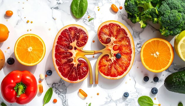 Colorful fruits, veggies, and a kidney model on marble