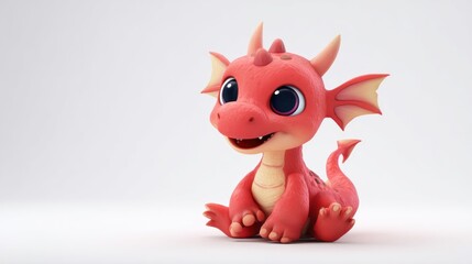 Obraz premium A cheerful, cartoonish red dragon with large, expressive eyes sits. Its posture is relaxed, with visible claws and a curled tail. The background is plain white