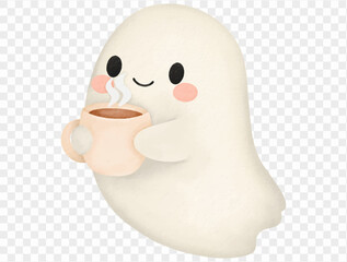Watercolor ghost drinking hot cocoa cute Halloween illustration Vector.