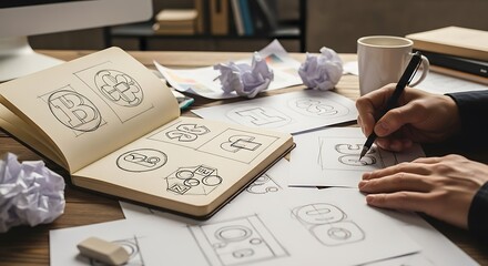 Creative designer sketching logo design ideas in sketchbook on wooden desk