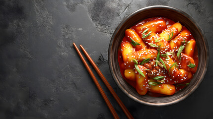 Traditional Korean tteokbokki with spicy sauce served in bowl