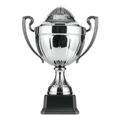 Fototapeta premium Shiny silver trophy, ornate design, with lid and handles, black base