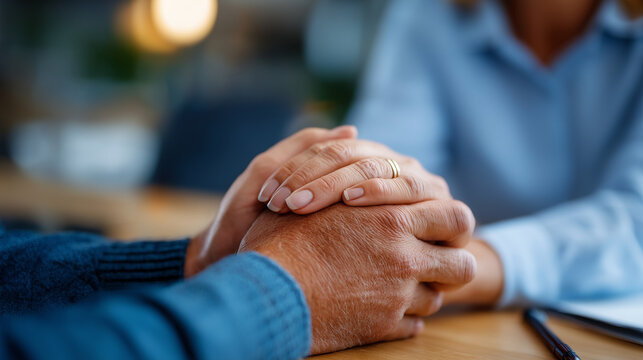 Chaplain's hands with employee's hands in counseling session corporate office faces obscured workplace mental health ministry career crisis support professional faith guidance