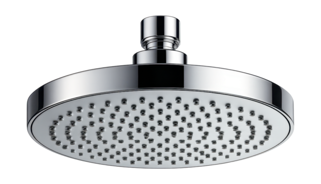 Wide rainfall showerhead for a luxurious shower experience in a contemporary apartment.