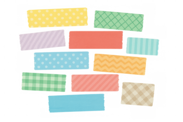Washi tape pieces with colorful patterns, adhesive strips for planners, reminders, and creative crafting