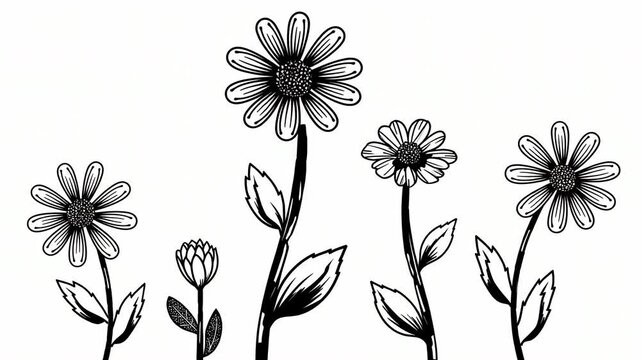Hand drawn black and white flowers blooming animation