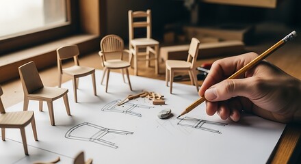 Creative furniture designer sketching new chair designs in his studio workshop
