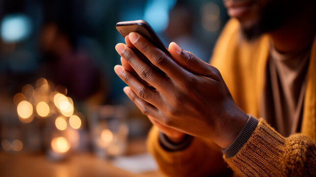 Hands texting in prayer group chat smartphone visible face defocused mobile mental health support text based faith community digital prayer network with copy space