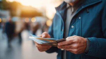 Hands holding ministry resource guide for homeless shelter information faces defocused mental health street support urban faith outreach survival services with copy space