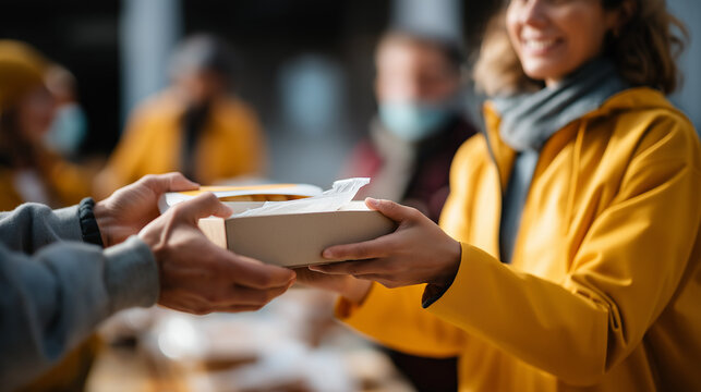 Outreach team's hands distributing hygiene kits homeless service faces not shown mental health compassion ministry street survival support charitable giving with copy space